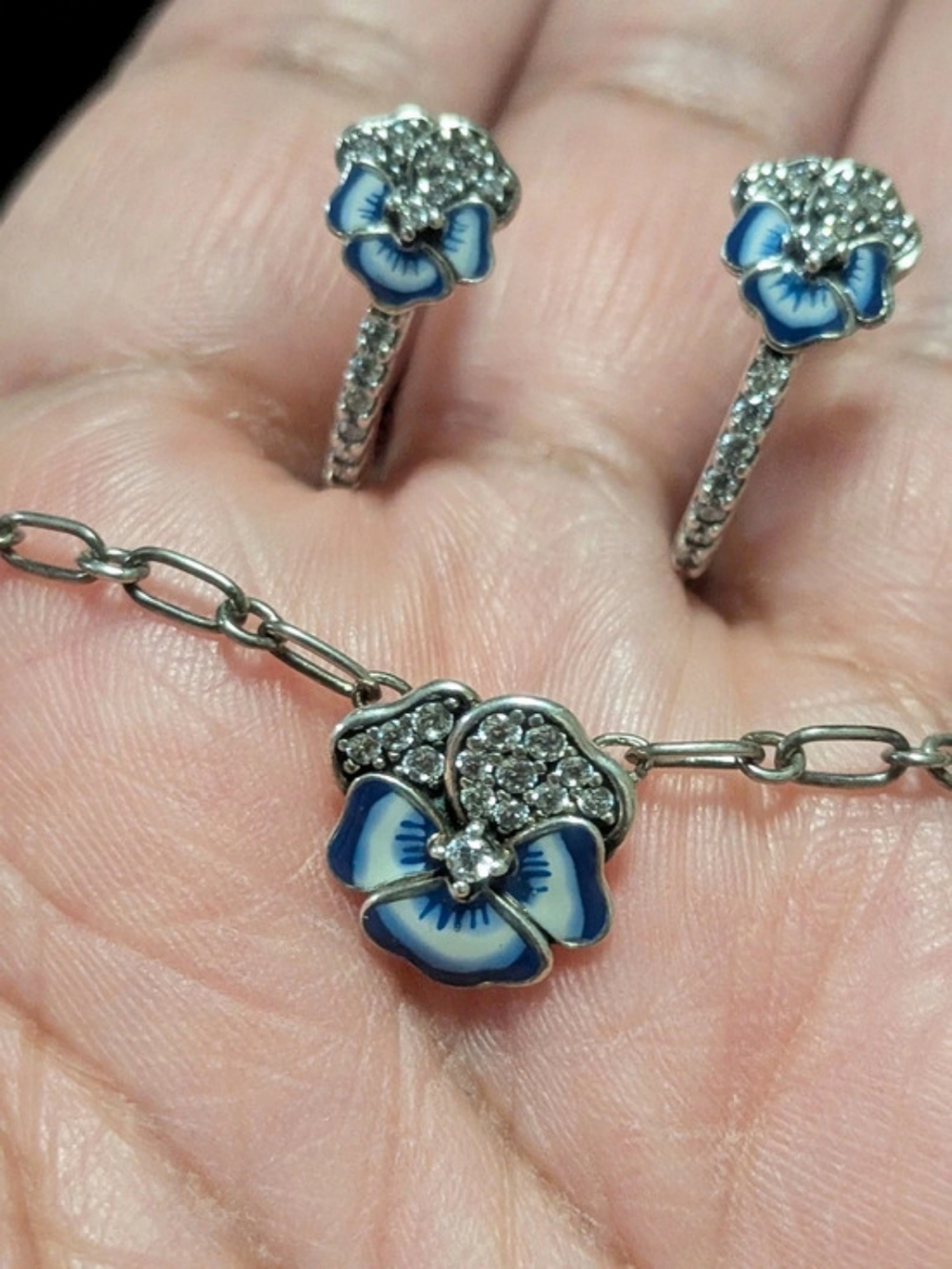 Pandora Blue Pansy Flower Jewelry Set - Sterling Silver Necklace & Hoop Earrings